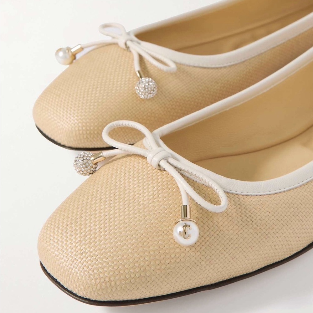 JIMMY CHOO Elme embellished leather-trimmed raffia ballet flats Size IT 39.5 - Picture 3 of 15